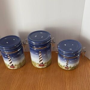 Lefton 2000 - Set of 3 Nautical Lighthouse Ceramic Canisters - Blue